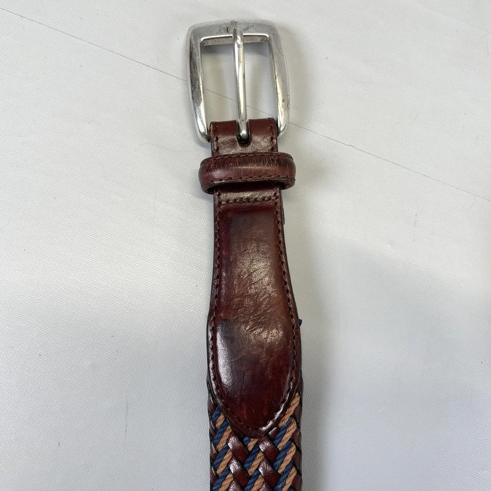 Brighton Belt Mens 40 Brown Blue Tan Braided Leather Silver Buckle Woven Dress